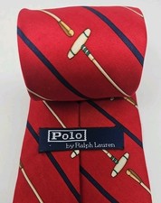 Polo Ralph Lauren Mens Tie Polo Stick Mallet NeckTie 100% Silk Red Hand Made USA