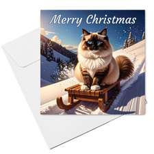 Ragdoll Cat Christmas Card  (15cm x 15cm) With Envelope, Ragdoll Cat on Sled