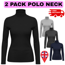 LADIES WOMENS  POLO NECK ROLL NECK TURTLE NECK PLAIN JUMPER TOP LONG SLEEVE 8-26