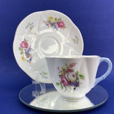 Shelley Fine Bone China Dainty Shape Blue Handle Floral TeaCup & Saucer UK BX7