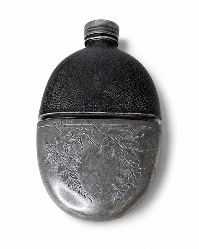 Antique leather glass hip - &,