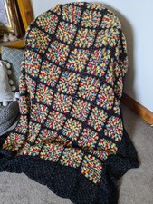 Sofa blanket Throw Hand Knitted Bed  Square Patchwork Crochet Large Vintage Wool