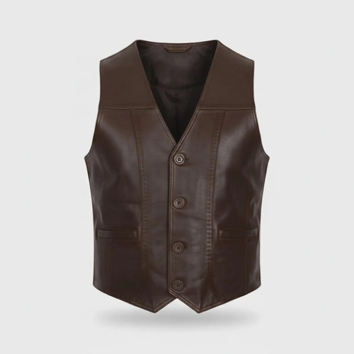 Men brown leather vest - leather,