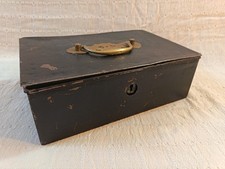 Antique Victorian Style Black Metal Deed Box / Strong Box with Brass Handle. 
