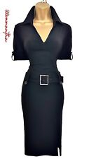 Karen Millen Size UK 10 12 VINTAGE MILITARY PLEATED BELTED SHIRT DRESS BLACK