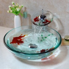 Goldfish Painted Bathroom Sink Clear Glass Vessel Sinks Bowl Combo Faucet Drain