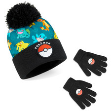 Pokemon Kids All Over Print Beanie With Pompom & Five Fingers Gloves Set