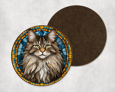Cute Maine Coon Cat Kitten Stained Glass Round Coaster Tea Coffee Present Gift