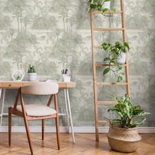 Jungle Toile Wallpaper Muriva Tropical Foliage Trees Eden M37304 Olive