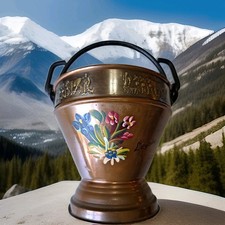 Stockli Netstal Rare painted vintage Swiss copper milk pail with parade of cows