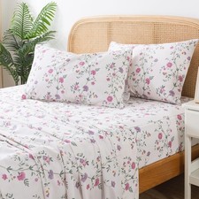 - Queen Sheets, Soft 100% Cotton Pink & Off White Floral Bed Sheets,Shabby Vi...