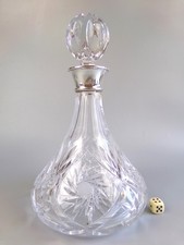 Mappin & Webb Ship Decanter. Hallmarked Sterling Silver Mount Collar Cut Crystal