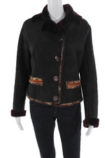 Nigel Preston Womens Suede Frayed Trim Shearling Collared Jacket Black Size S