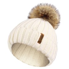 LADIES WOMENS WINTER KNITTED BEANIE SKI HAT DETACHABLE FAUX FUR BOBBLE POM POM