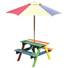 Children's Rainbow Wooden Garden Picnic Table Bench Parasol Set Kids