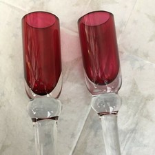 2  NEW  HAND BLOWN GLASS RUBY  CANDLE HOLDERS WITH CLEAR STEMS10" 13" TALL rp£45