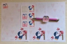 New, Penguin & Mailbox Stationery,25 Sheet Letter Writing Paper & 6 Stickers Set