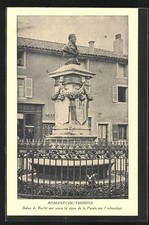 Old postcard Romanèche-Thorins, statue of Raclet who saved the vineyard of the Pyrale by the age 