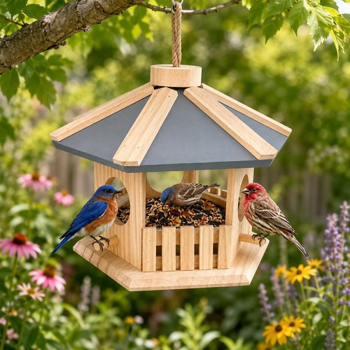 Hanging wooden bird feeding - wooden,