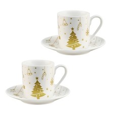 Christmas 2 Mug & 2 Saucer Set New China White Gold Coffee Tea Cup Festive Gift