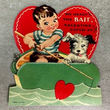 VTG Valentines Day Card Valentine Fishing Fish Bamboo Pole Dog Boat USA 30s 40s