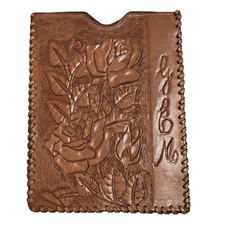 Vintage Brown Floral Engraved Leather Pad Bag Pouch ( RARE )