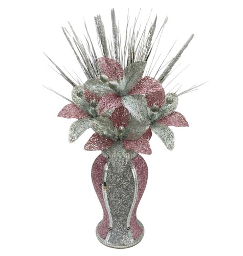Pink silver vase with - pink, flowers