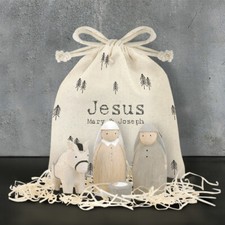 East of India Handmade Wooden Jesus Mary & Joseph Bag Set Christmas Nativity 