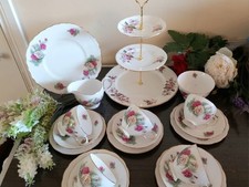 Crown Royal Bone China Pink & White Carnation Floral  Tea Set With Cake Stand