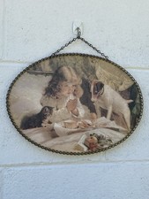 Charles Burton Barber Oval Prayer Plaque With Girl Cat & Dog Metal Frame Chain