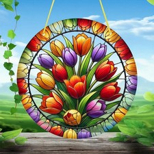 Bright Tulip Garden Bouquet Suncatcher Stained Glass Effect Decor Gift