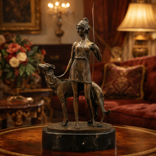 Bronze statue huntress and - statue,
