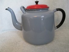 Vintage Large Grey Enamel Teapot - Red Lid - Retro Kitchenalia
