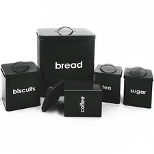 5PC BLACK METAL BREAD BIN SUGAR COFFEE TEA ENAMEL COATED STORAGE CANISTERS SET