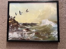 LOVELY FRAMED "VERNON WARD" SIGNED PRINT OF  PUFFIN FLYING OFF ROCKS ROUGH SEAS