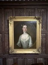 Large Antique Early 18h Century Oil Portrait Painting Of A Lovely Young Lady