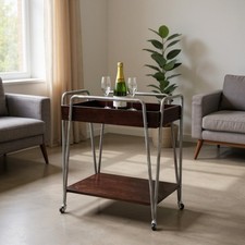 Black Drinks Trolley with 2 Wooden Shelves & Wheels – Stylish Art Deco Bar Cart