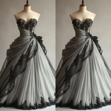 Gothic Wedding Dresses Strapless Black Applique Lace Ruched A Line Floor Length