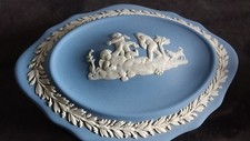Wedgwood blue jasper ware lidded pot with cherrubs
