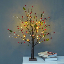 Red Berry Blossom Tree with Lights,24 LED Lighted Branche,Artificial Bonsai Lamp