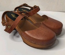 Swedish Hasbeens Brown Ankle Strap Wooden Platform Sandals Clogs Sz 36 Euro 6 US
