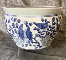 Large Chinese Blue & White Pottery Egg Pot Planter Birds & Vines Design