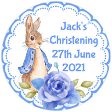 48 Personalised Christening Baptism Stickers PETER RABBIT  40mm Labels