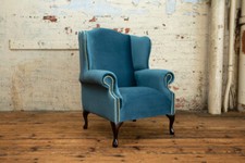 Duck Egg Blue Velvet Fabric Chesterfield Wingback Chair, British Handmade