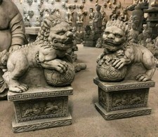 Chinese pair Foo Dogs stone garden ornament post finial gate guardians stunning