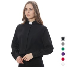 Women Clergy Shirt Tab Collar Pastor Priest Black Clerical Shirt Long Sleeve