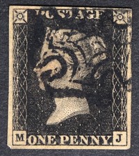 GB SG2 1840 Penny Black Plate 5, MJ, 4 Margins, Used with Black Maltese Cross