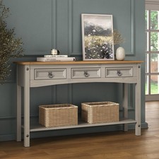 Corona Console Table 3 Drawer Hall Grey Solid Mexican Pine Wood Wax
