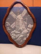Vintage Framed Dutch Scene Textile Needlepoint Art Wood Framed White Lace 