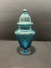 VTG Empoli Italian Blue Blown Diamond Optic Bon Bon Apothecary Glass Jar